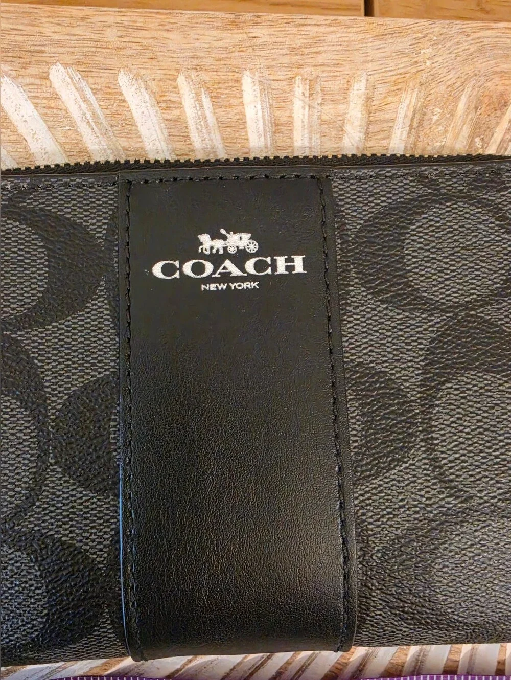 Coach Black Signature Wristlet with Logo Panel